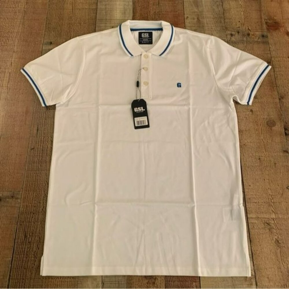 GSL Authentic Goods White Polo Shirt Medium Slim Fit Polyester Cotton Blend
